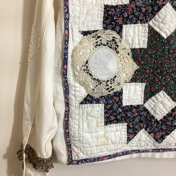 Upcycled Linen Cotton Womens Jacket Size M Boho OOAK Shabby Chic Patches Quilted - Picture 10 of 16